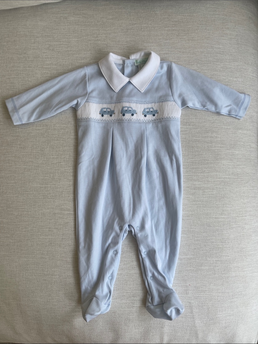 Baby Threads Classic Light Blue Baby One-Piece with Car Smocking